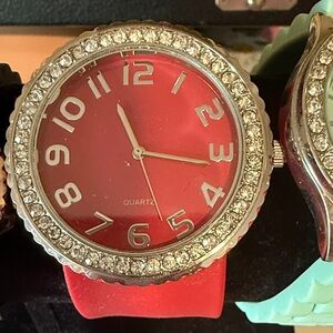Red Quartz Watch with Rhinestone Bezel